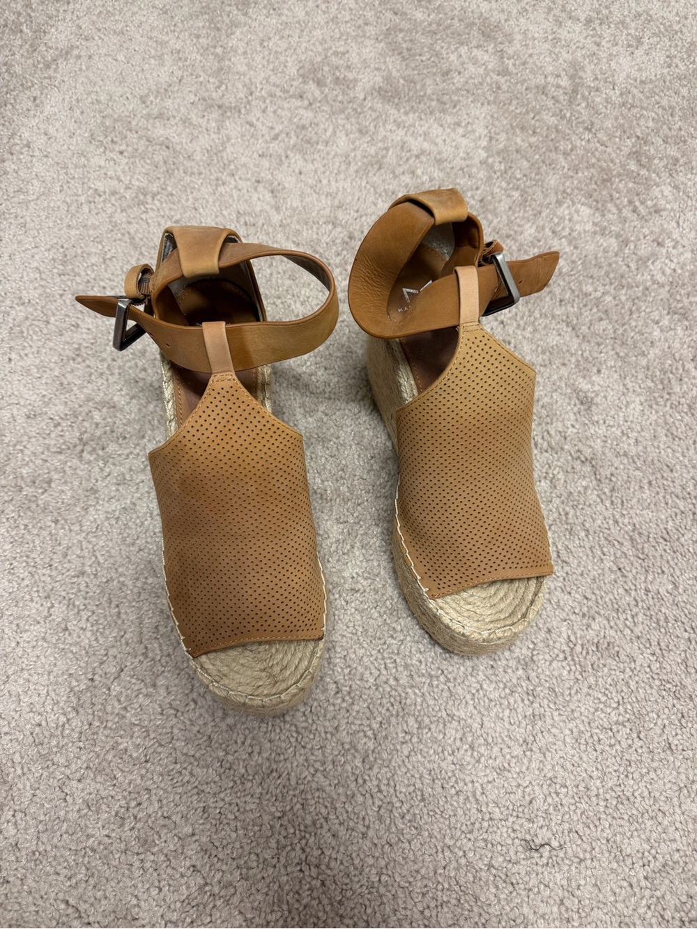 Marc Fisher Perforated Tan Espadrille Wedges with Ankle Strap